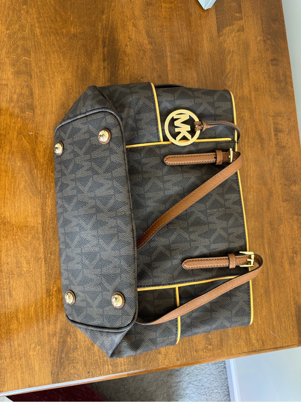 Michael Kors Brown Logo Messenger Bag with Yellow Trim